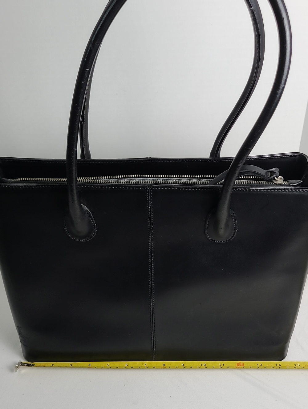 J.Crew Classic Black Leather Tote Bag Purse 3 Compartment Shoulder Strap Carry - Picture 14 of 16